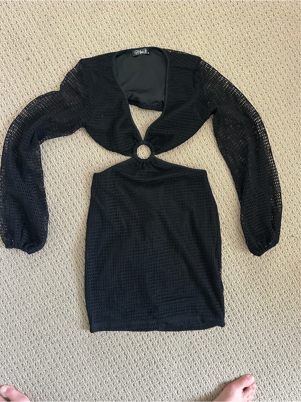 Mesh Long Sleeve Black Mini Dress with Front Ring Detail